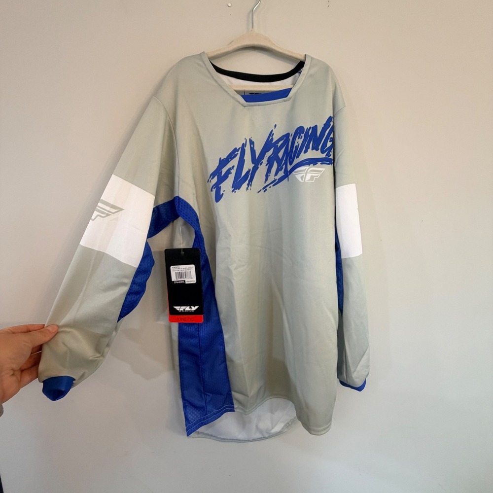 Fly Racing Kinetic Khaos Jersey Youth Large Grey Blue White Breathable Motocross